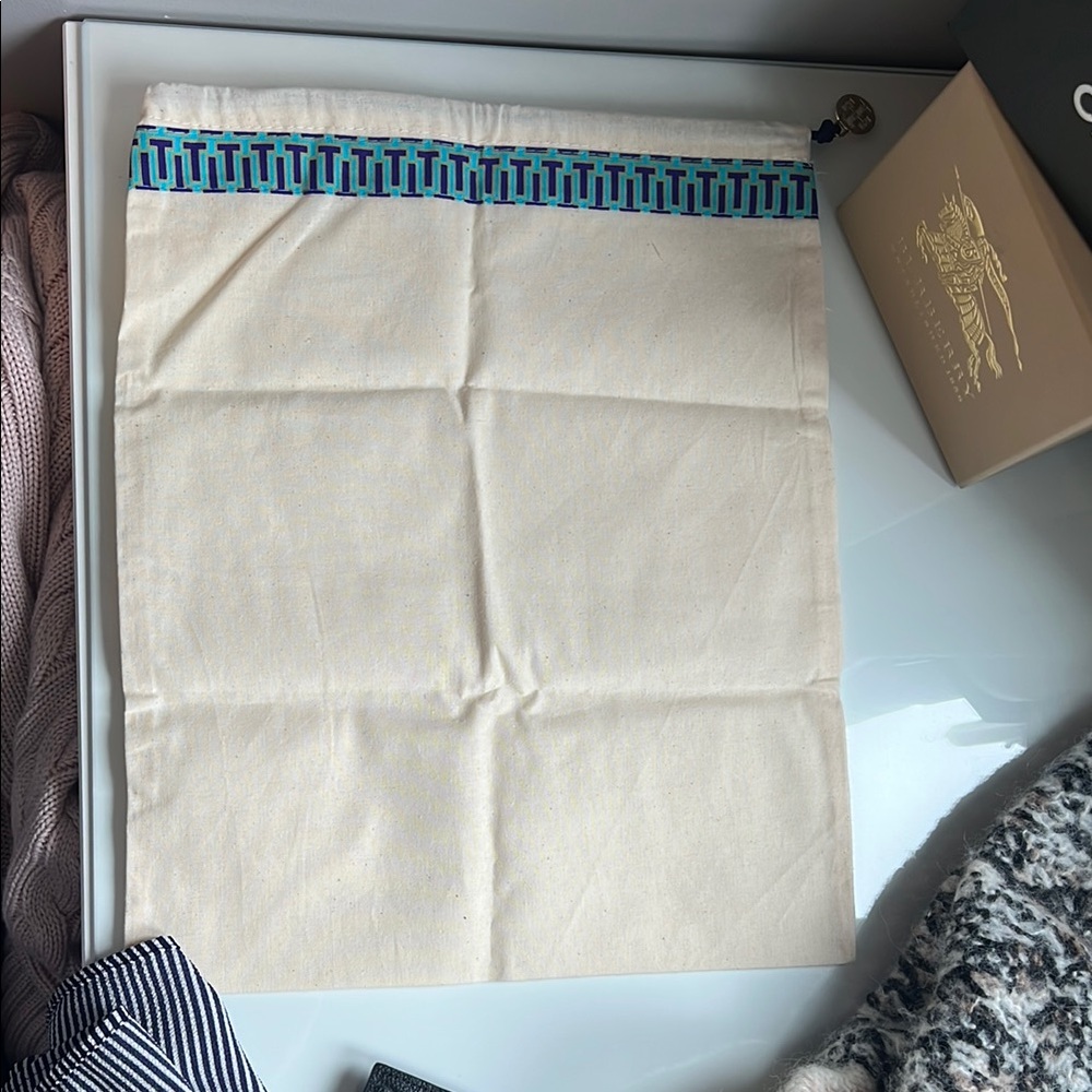 Tory Burch Canvas Drawstring Bag with Blue Pattern